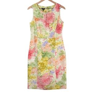 TALBOTS 100% Silk Watercolor Floral Sheath Dress Sz 8 Pink Green Spring EUC